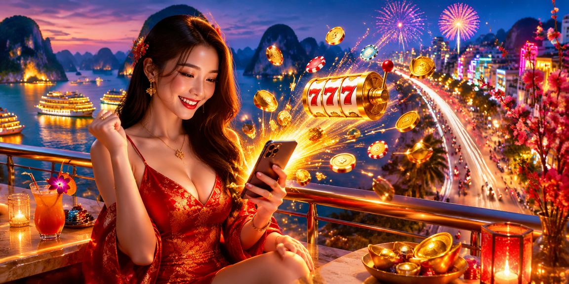 Máy slot game neon sáng rực bên vịnh Hạ Long về đêm, giao diện game trực tuyến