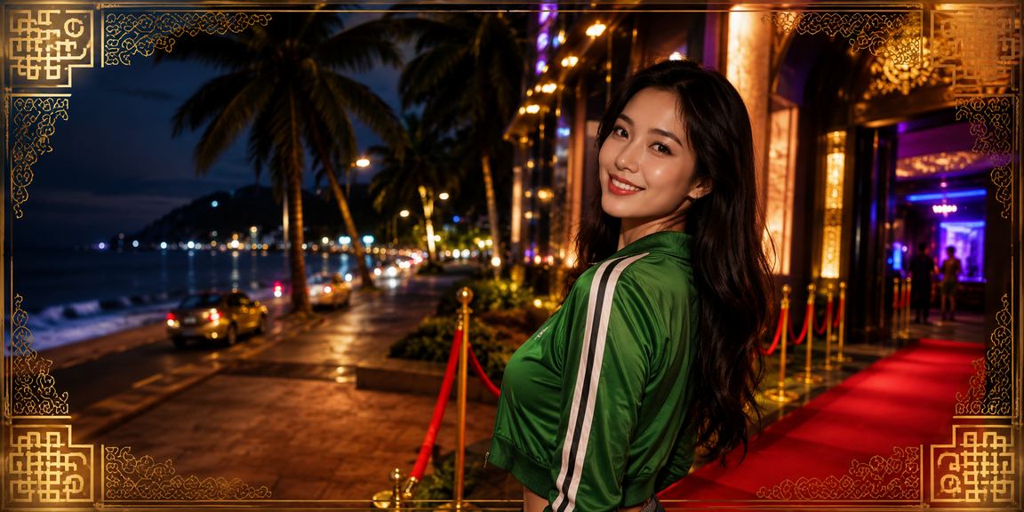 Không gian casino sôi động bên bờ biển Mũi Né lúc hoàng hôn, người chơi thư giãn